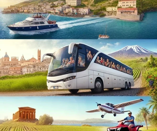 DALL·E 2024-12-05 18.51.46 - A highly realistic image representing excursions in Sicily, featuring multiple modes of adventure. Scene 1_ A modern tour bus driving through a bustli